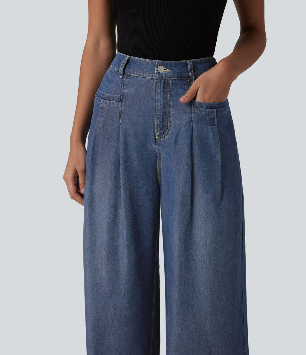 Jean large casual taille haute en lyocell avec poches