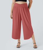 Breezeful™ Pantalon de Vacances Grande Taille Taille Haute avec Découpe Croisée Plissé Poche Latérale Fente et Séchage Rapide