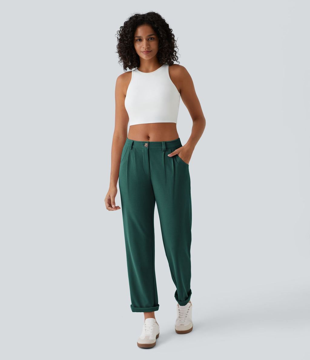 Pantalon casual taille mi-haute en maille gaufrée avec poche zippée