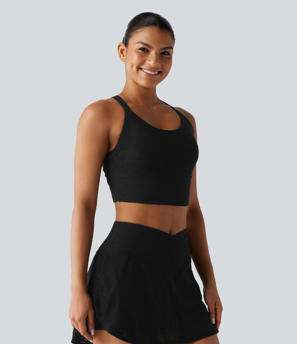 Débardeur de yoga SoftlyZero™ dos nu torsadé avec dentelle contrastée, coussinets amovibles et protection solaire UPF 50+