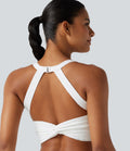 Débardeur de yoga SoftlyZero™ dos nu torsadé avec dentelle contrastée, coussinets amovibles et protection solaire UPF 50+