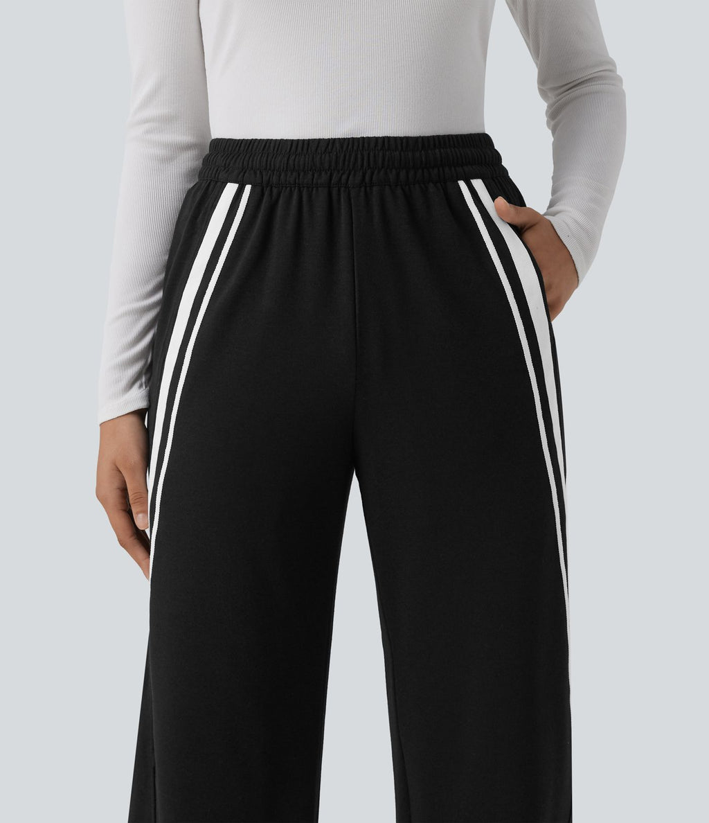 Jogging large décontracté color block taille mi-haute avec cordon de serrage intérieur et poches