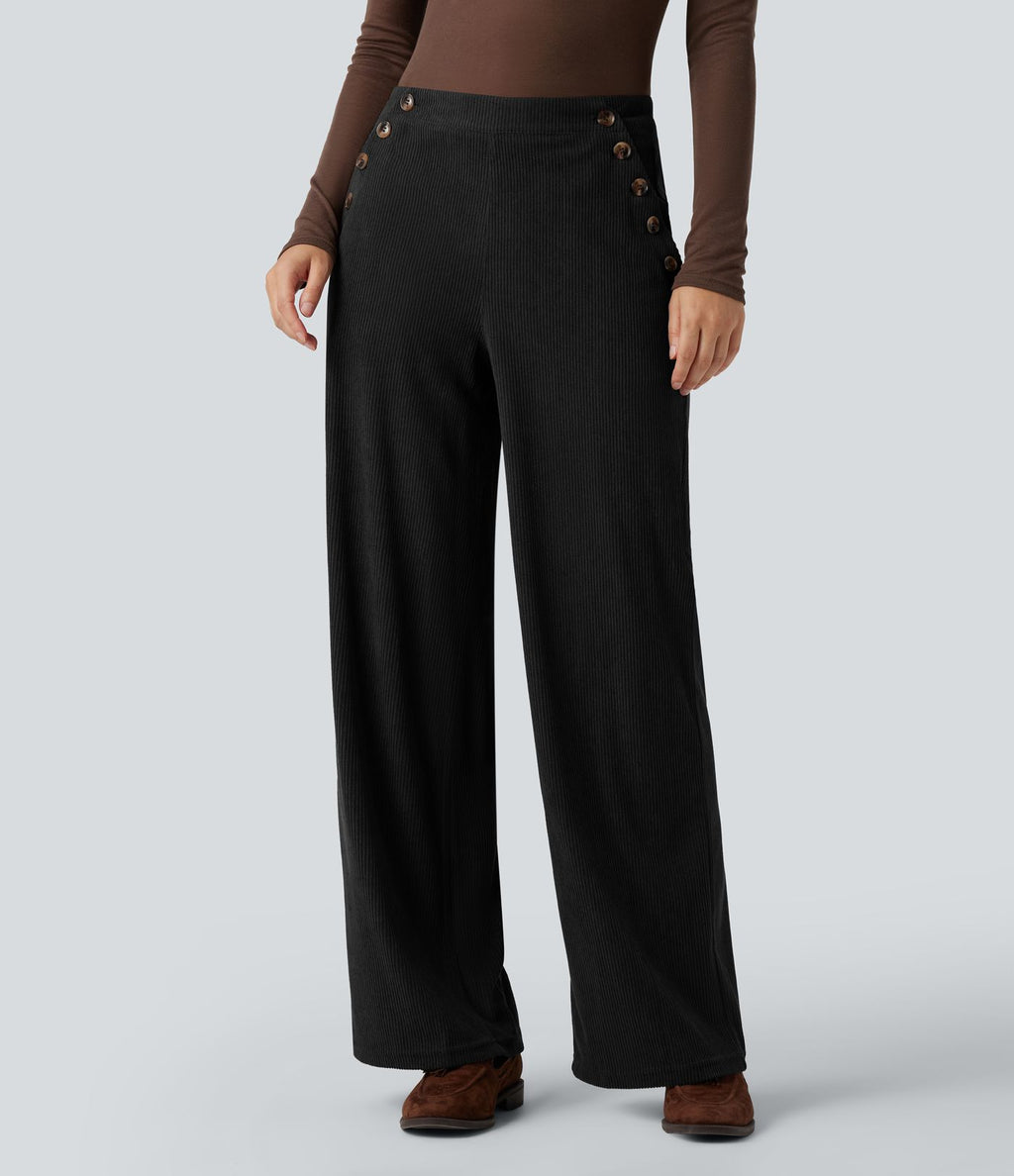 Pantalon décontracté droit en velours côtelé, taille haute, avec poches