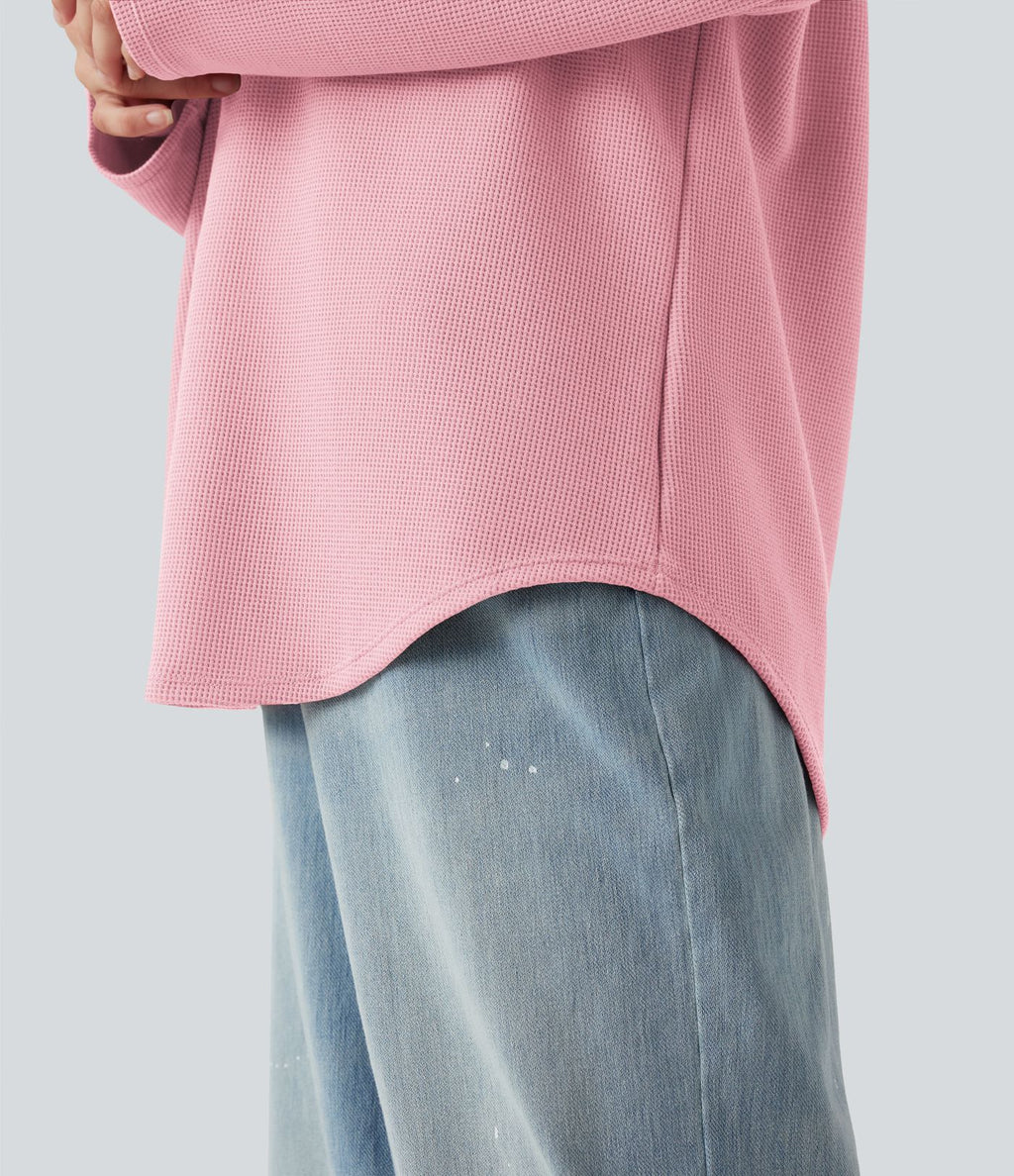 Sweat-shirt à capuche gaufré cordon de serrage manches longues ourlet arrondi avec poche