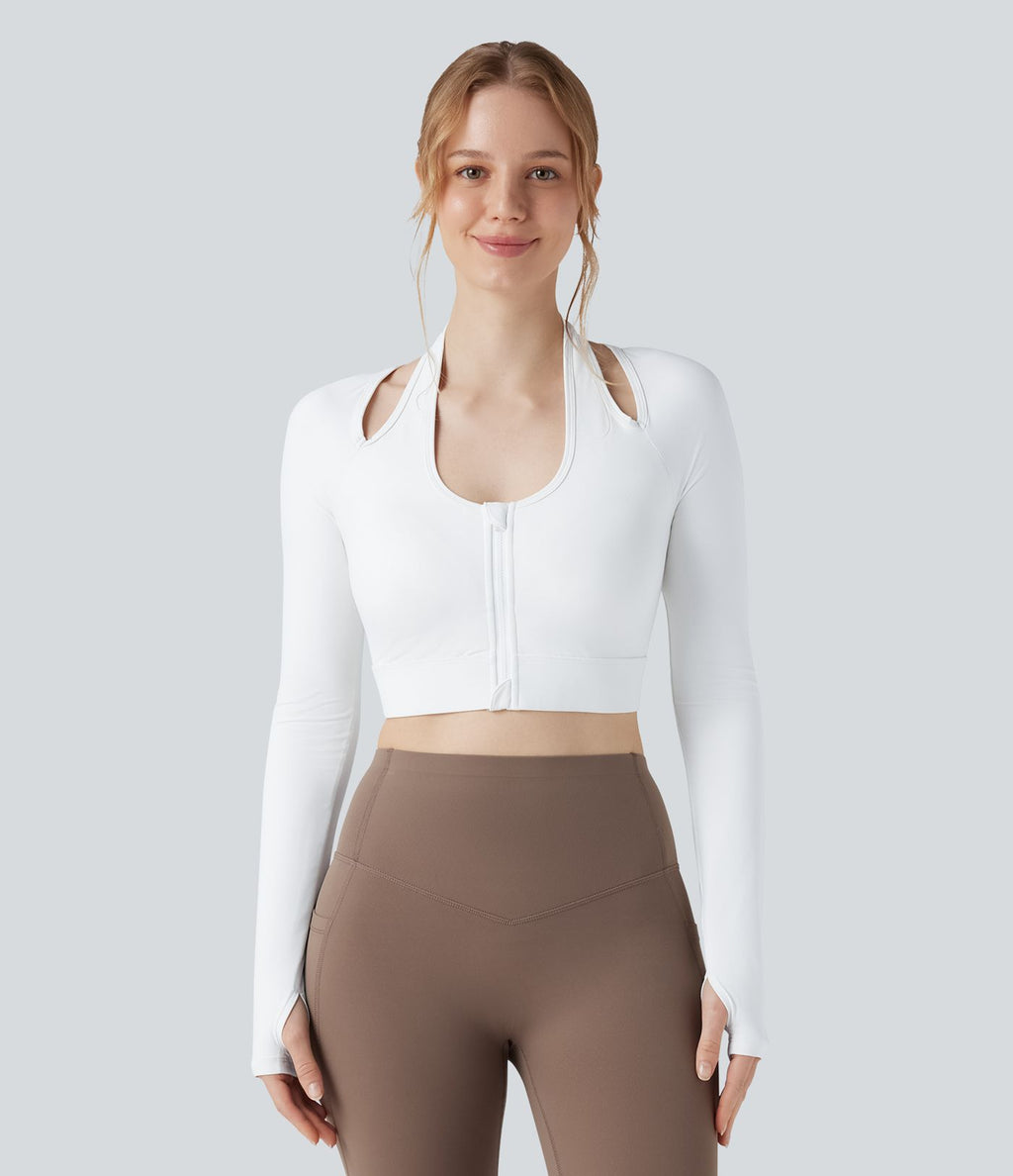 Halara UltraSculpt™ Top court de sport zippé dos nageur à manches longues avec bonnets moulés push-up et passants pouces