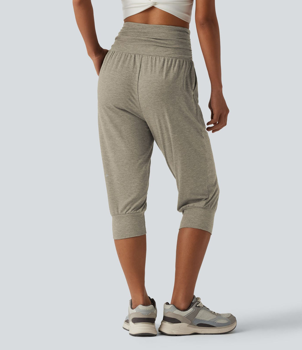 Jogging yoga corsaire chiné taille haute à fronces avec poches