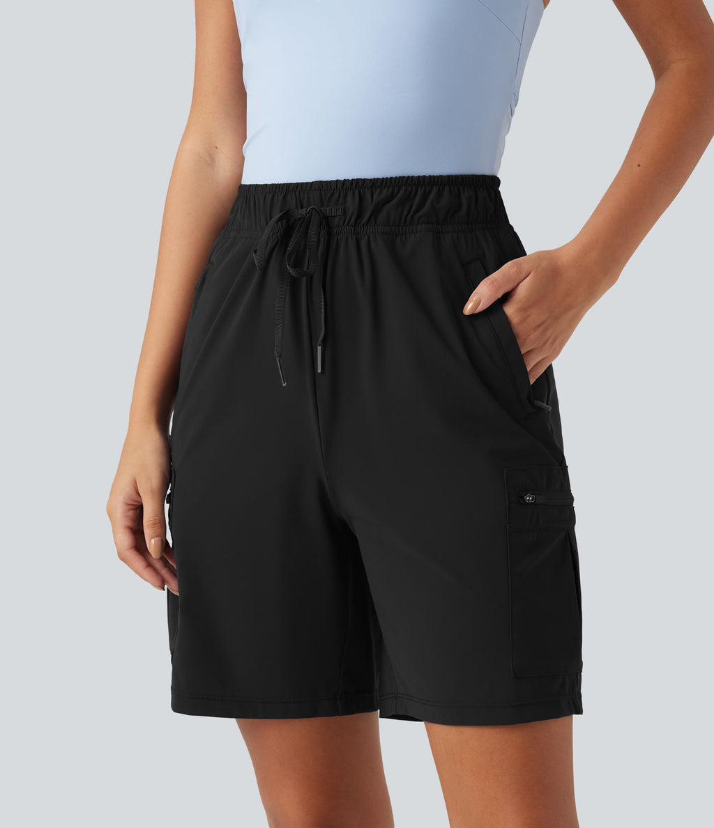 Bermuda cargo décontracté taille haute à cordon de serrage, séchage rapide, effet frais, protection solaire UPF 40+, 17,5 cm, avec poches
