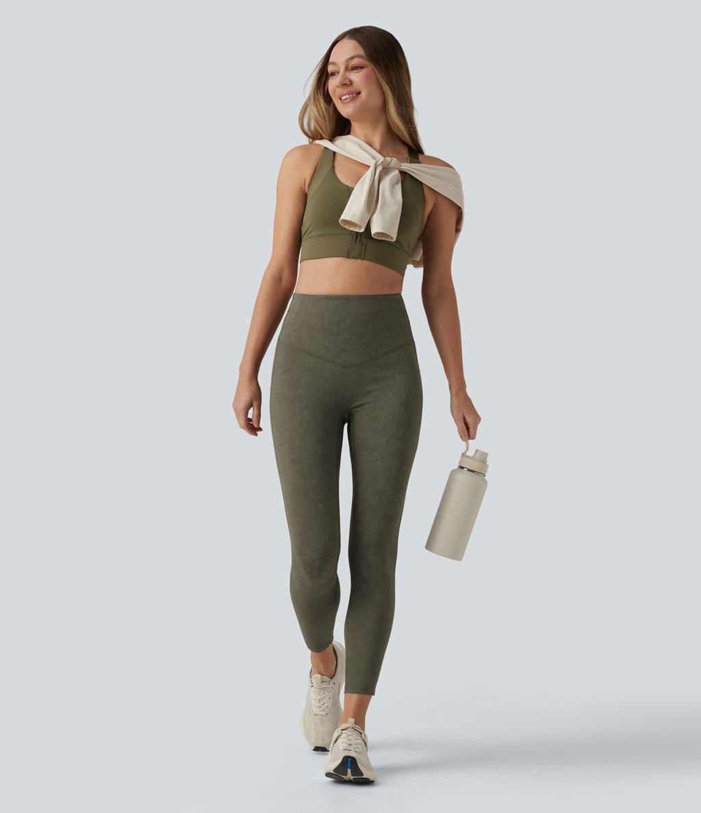 Legging de sport délavé effet ventre plat taille haute avec poches