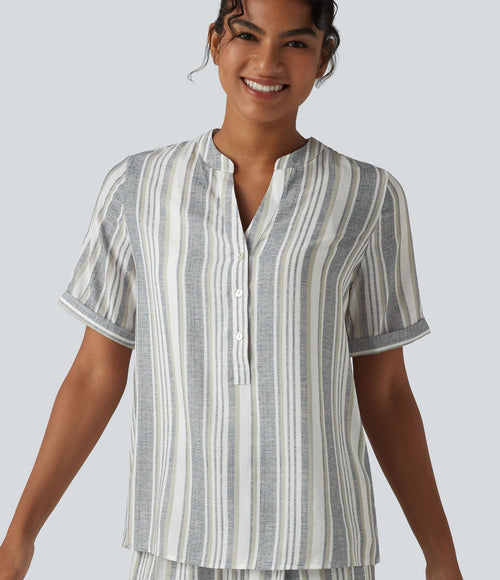 Blouse décontractée col V manches courtes à rayures