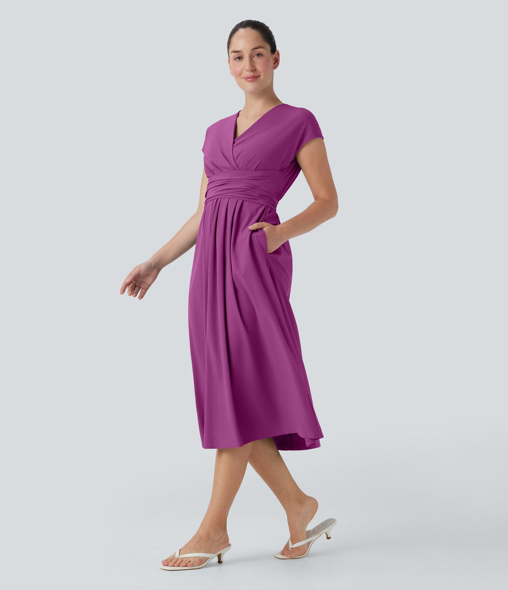 Robe midi Breezeful™ col V manches courtes à liens dans le dos séchage rapide avec poches latérales