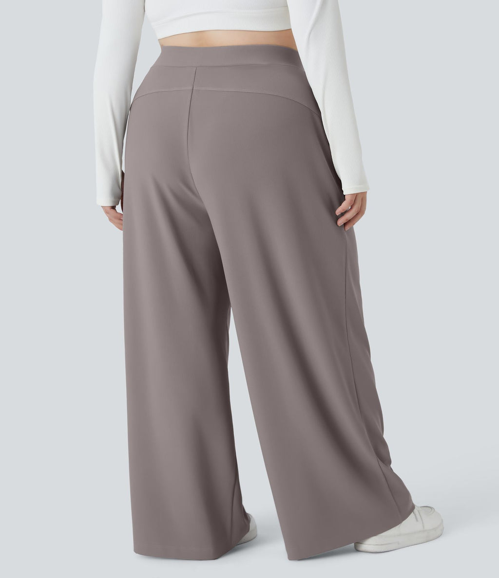 Pantalon de travail grande taille Halara Flex™ à taille haute sculptante et amincissante, poches latérales, jambes larges et tissu micro-gaufré