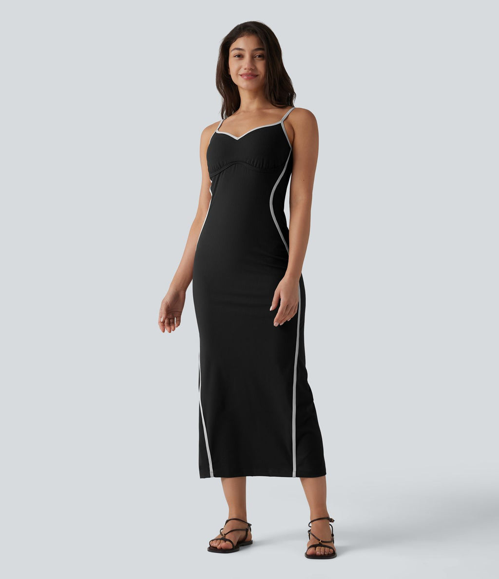 Robe nuisette casual midi côtelée color block à décolleté cœur avec coussinets intégrés non amovibles