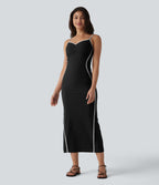 Robe nuisette casual midi côtelée color block à décolleté cœur avec coussinets intégrés non amovibles