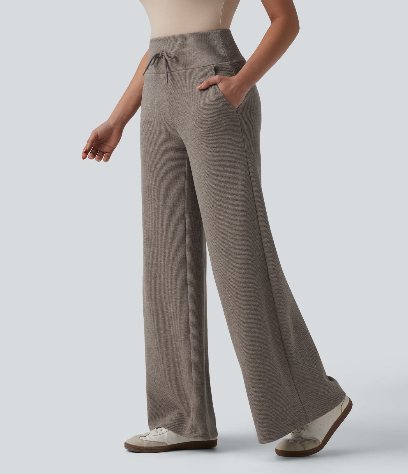 Pantalon casual bootcut gainant taille haute à cordon de serrage en maille côtelée avec poches