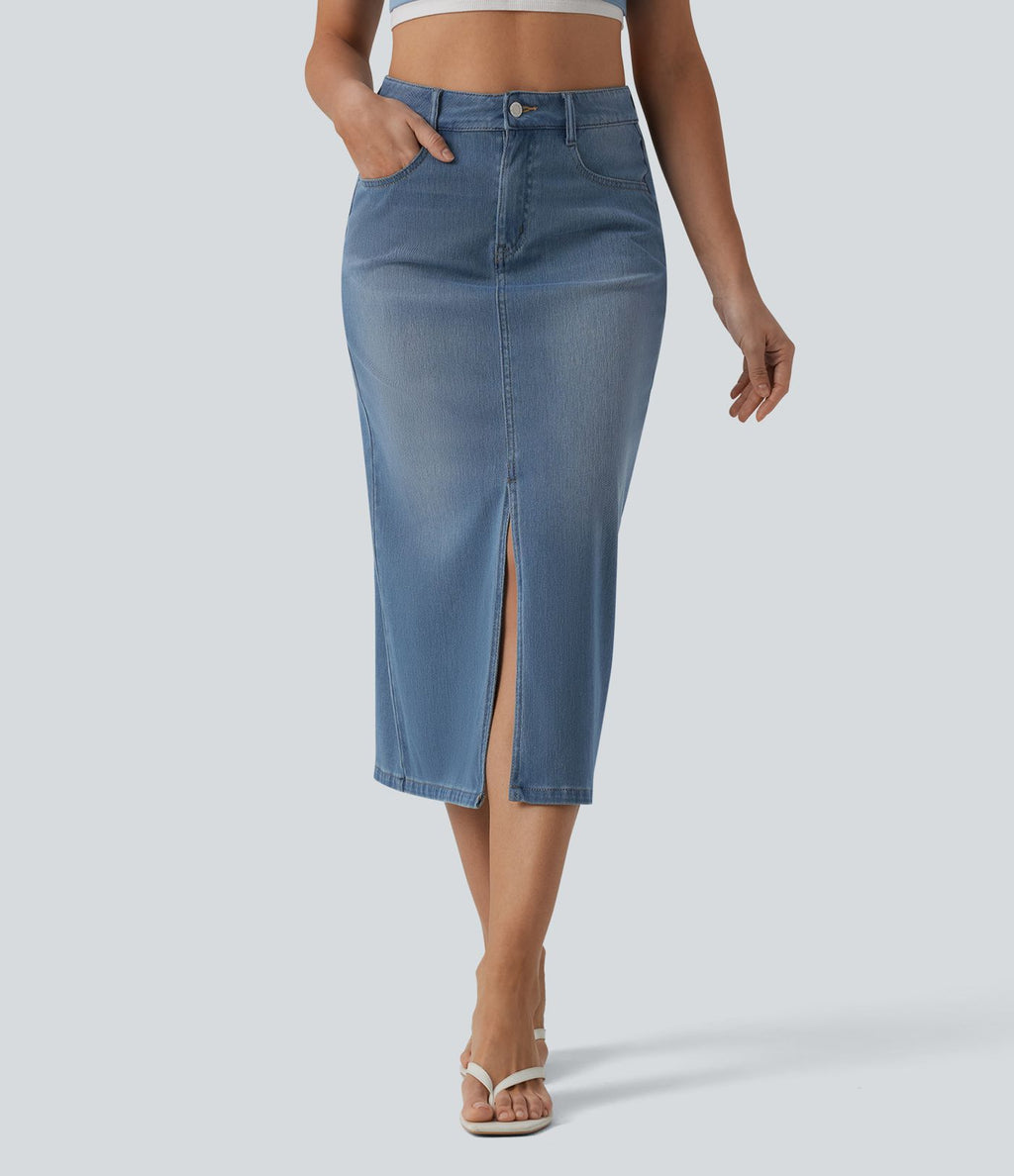 Halara Flex™ Jupe droite midi en denim taille haute avec fente et poches