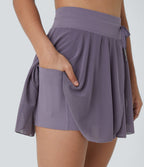 Jupe Casual Évasée Fluide 2 en 1 en Maille Contrastée Taille Haute Cordon de Serrage Poche Latérale