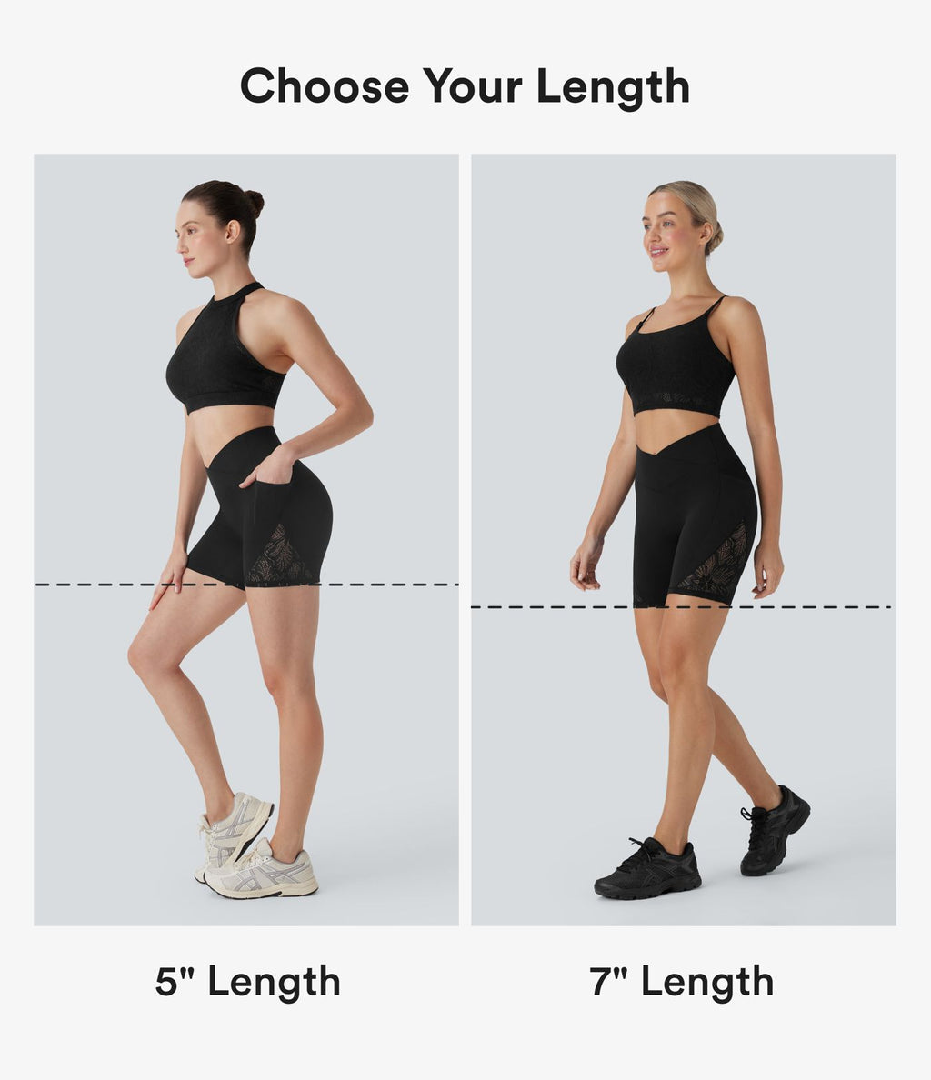 Short cycliste yoga 7'' Softlyzero™ taille haute croisé dentelle contrastante avec poches - UPF50+