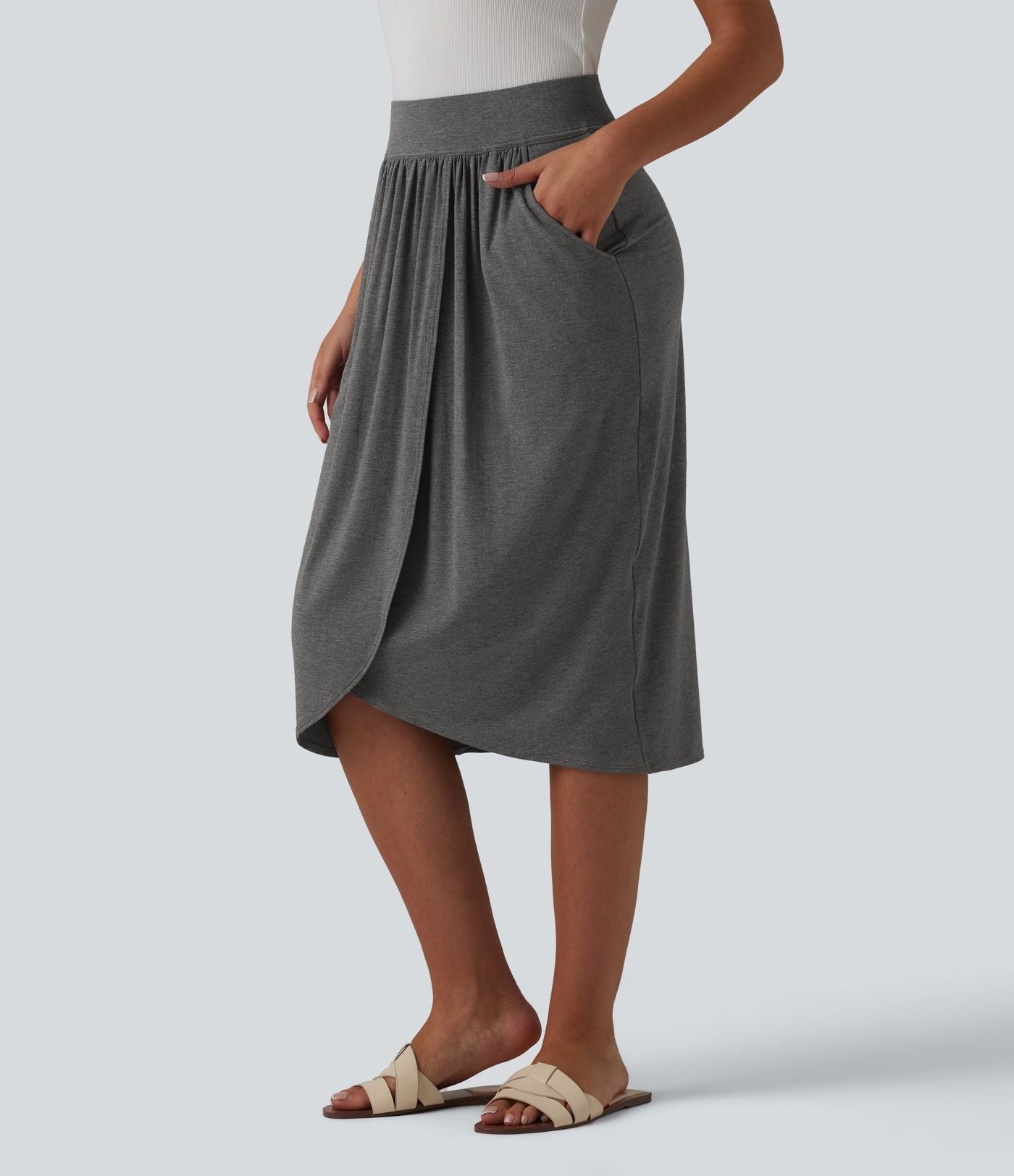 Jupe midi casual taille haute ourlet tulipe avec poches