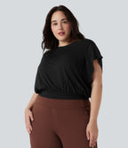 T-shirt de travail grande taille à col rond et manches courtes chauve-souris