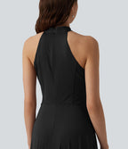 Robe midi fluide à col cheminée, sans manches, zip invisible, en satin extensible à effet frais InstantCool, idéale pour demoiselles d'honneur et invitées de mariage, avec poches