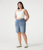 Short baggy grande taille en jean Halara Flex™ Denim taille haute croisée, effet ventre plat, avec poches