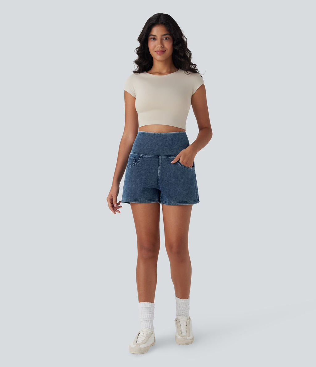 Short 7,5 cm décontracté gainant taille haute effet denim avec poches Halara Flex™