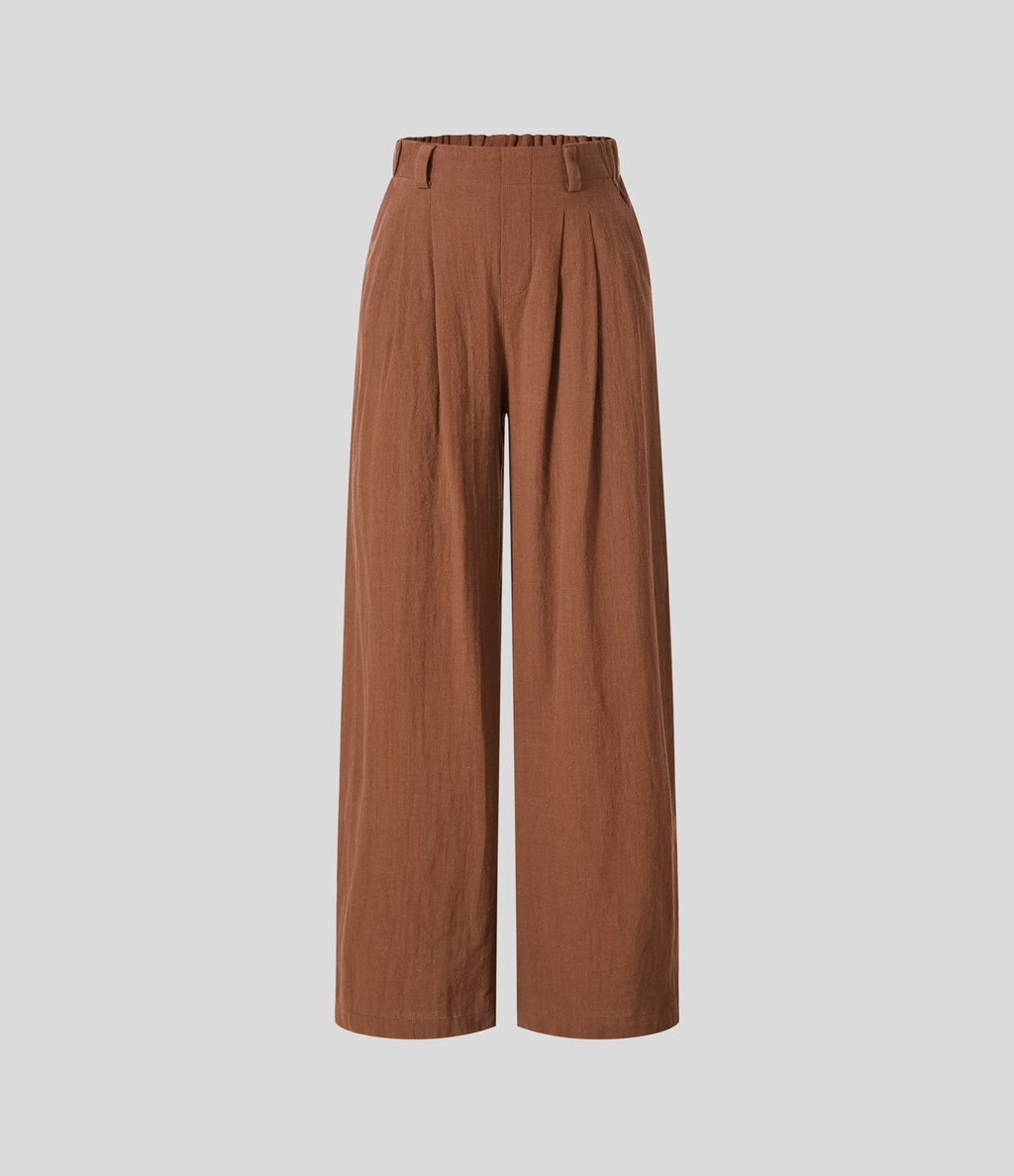 Pantalon Fluide Large Taille Haute Poches Latérales Palazzo Solide Casual Linen-Feel