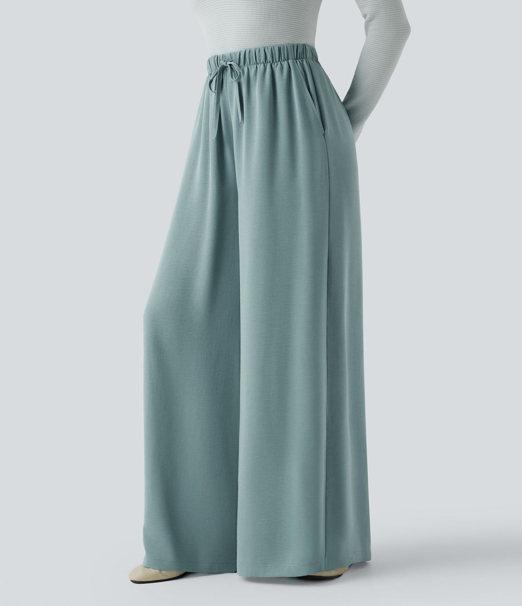 Pantalon large fluide décontracté taille haute effet lin avec cordon de serrage et poches