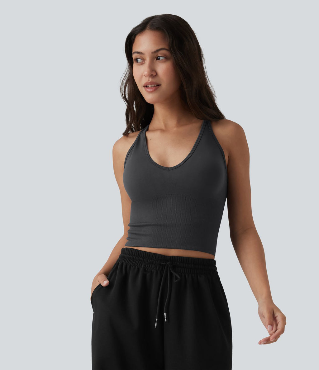 OneForm Seamless Flow Débardeur de yoga crop dos nu croisé décolleté en V profond avec soutien-gorge intégré