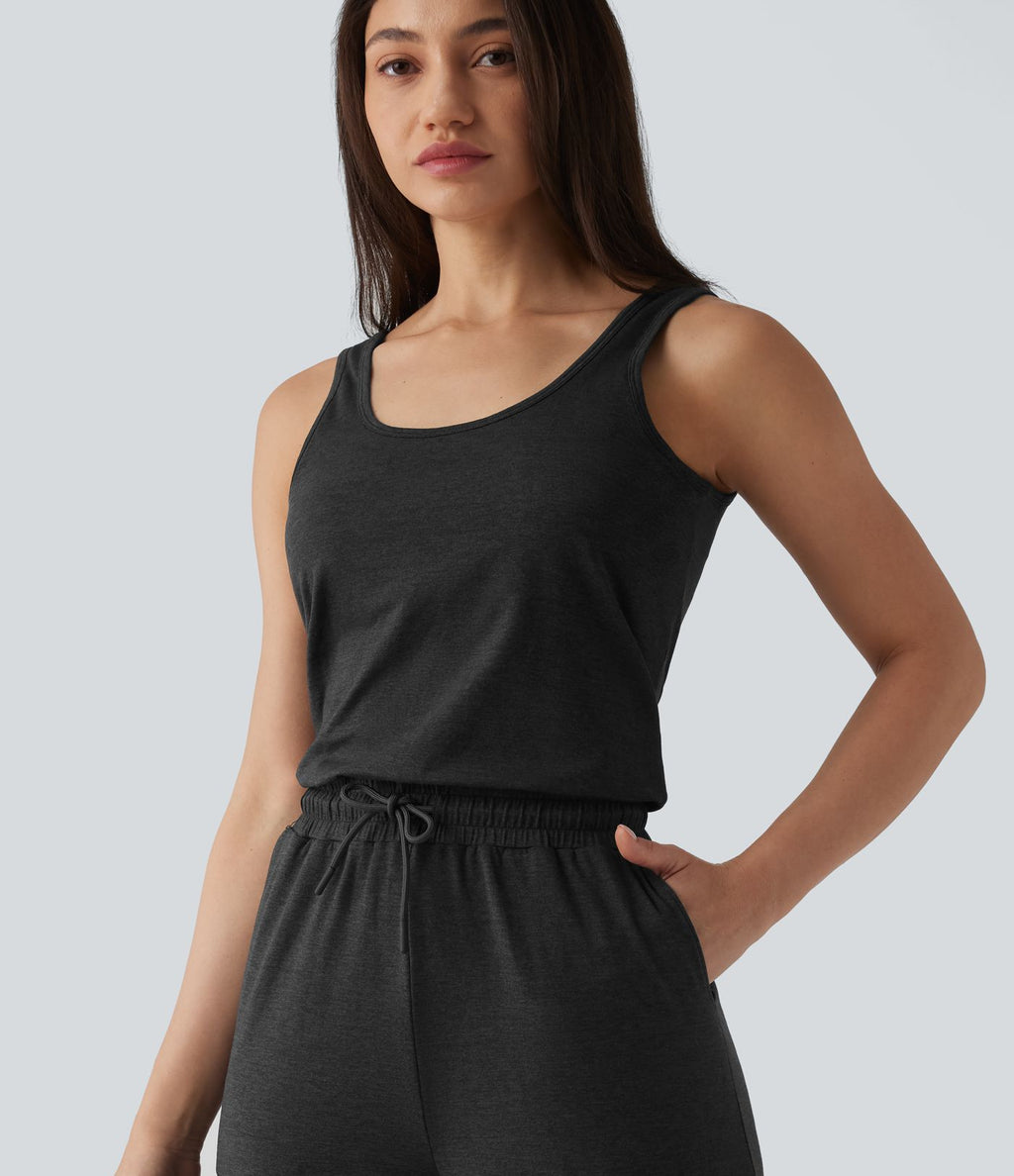 Combinaison casual baggy chinée sans manches à col U et cordon de serrage avec poches — Édition Easy Peasy