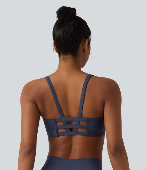 Brassière de sport yoga col U échancré color block imprimé lettrage avec brassière intégrée maintien léger