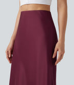 Jupe midi trapèze décontractée en satin et dentelle contrastée, taille haute