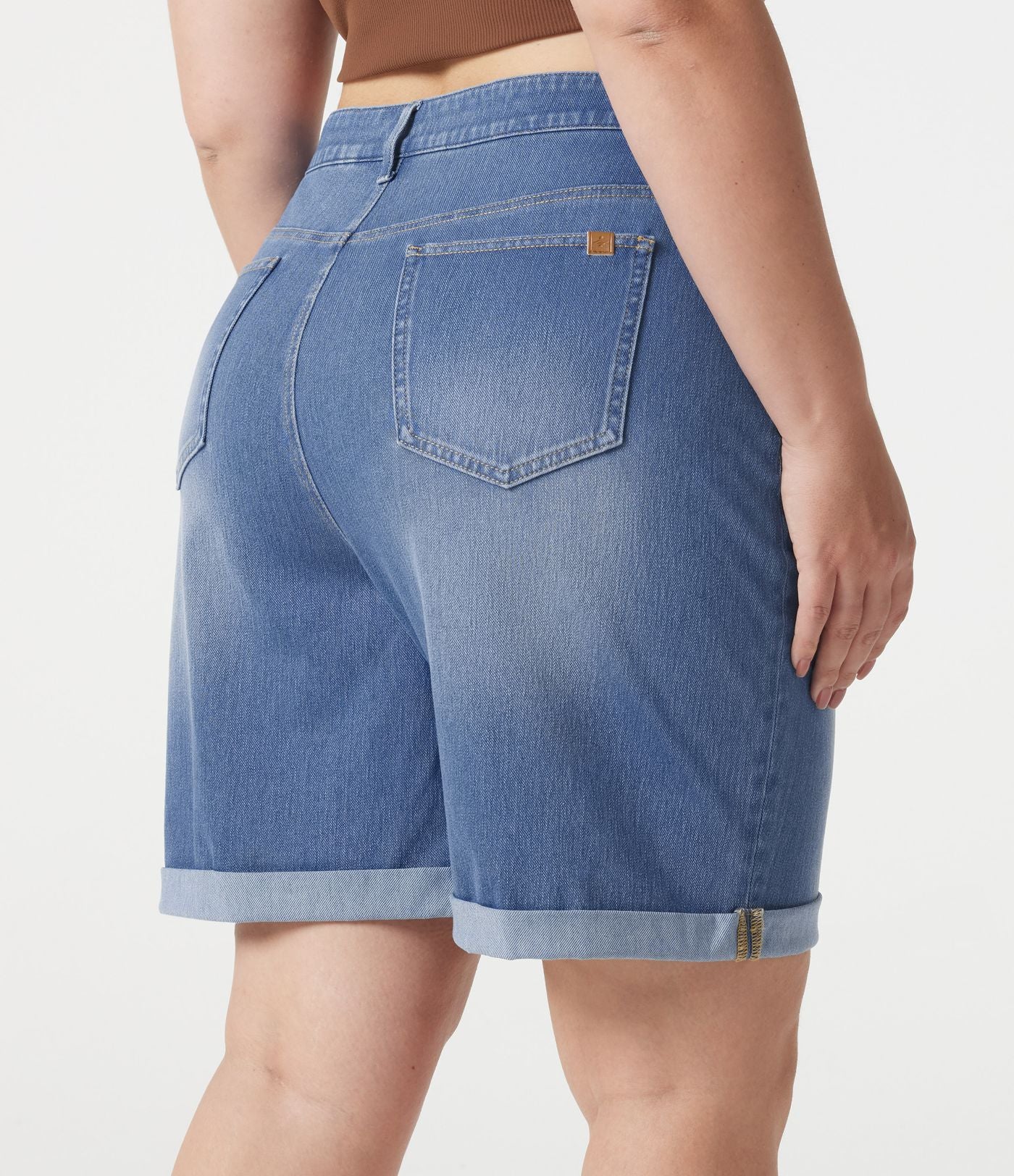 Short bermuda casual denim grande taille Halara Flex™ tricot extensible délavé taille haute multiples poches ourlet roulotté
