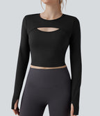 Haut de sport yoga court 2-en-1 col rond à manches longues avec passants pouces et laçage SoftlyZero™ Airy - UPF50+