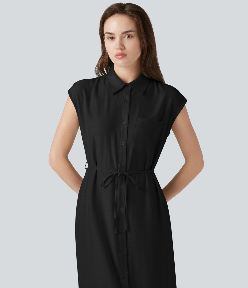 Robe chemise midi décontractée en mélange de lin, col classique, manches cape, ceinturée, ourlet arrondi fendu avec poches