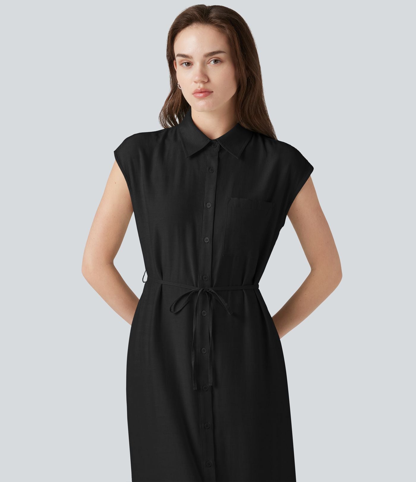 Robe chemise midi décontractée en mélange de lin, col classique, manches cape, ceinturée, ourlet arrondi fendu avec poches