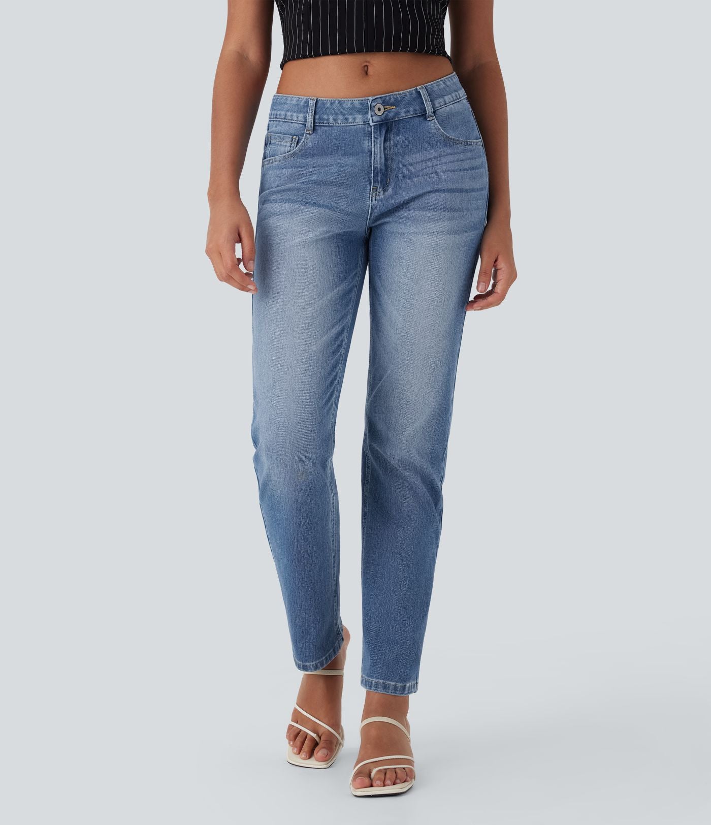Jean décontracté Halara Flex™ taille basse à jambes droites avec bouton, fermeture éclair, multiples poches, effet délavé en maille extensible