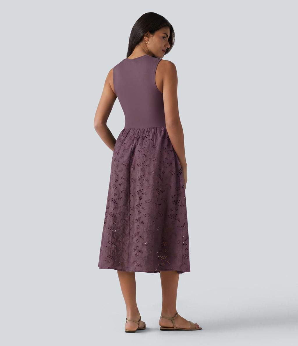 Robe midi de villégiature sans manches col rond à broderie anglaise, avec poches