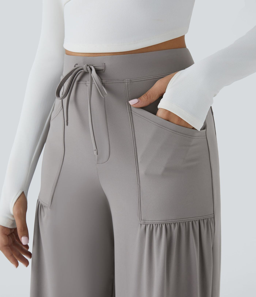 Pantalon Large Yoga Taille Haute avec Cordon de Serrage Plusieurs Poches et Plis