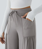 Pantalon Large Yoga Taille Haute avec Cordon de Serrage Plusieurs Poches et Plis