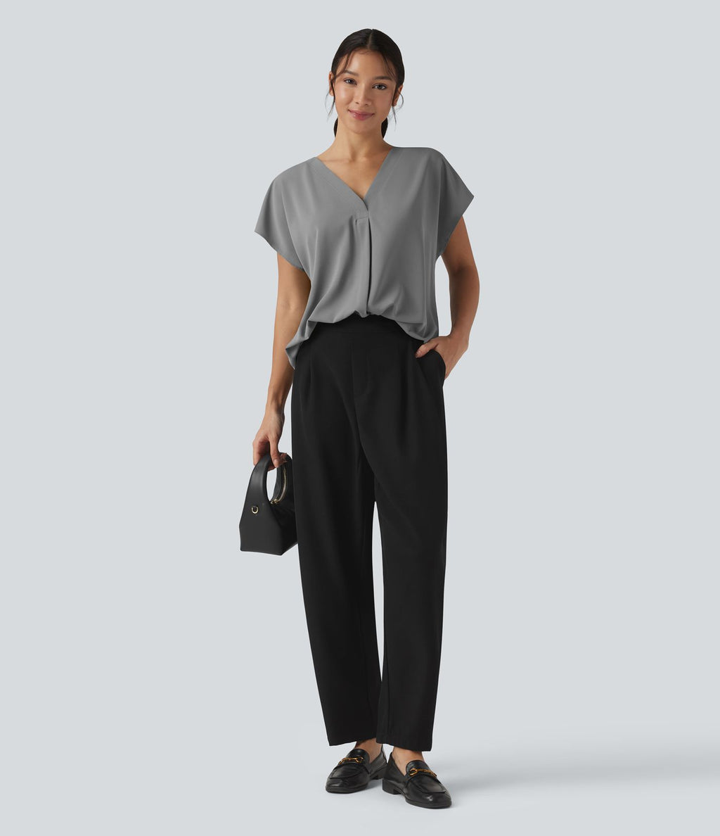 Blouse esprit bureau oversize défroissage facile, col V et manches courtes
