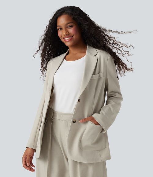 Blazer de travail anti-froissement aspect lin col cranté manches longues avec poches