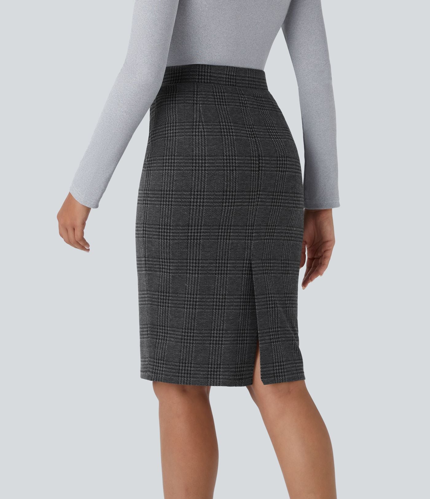 Jupe crayon de travail à taille haute, fente et motif pied-de-poule et carreaux