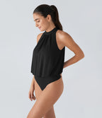 Body Travail sans Manches à Encolure Halter Dos avec Trou de Serrure et Plissé