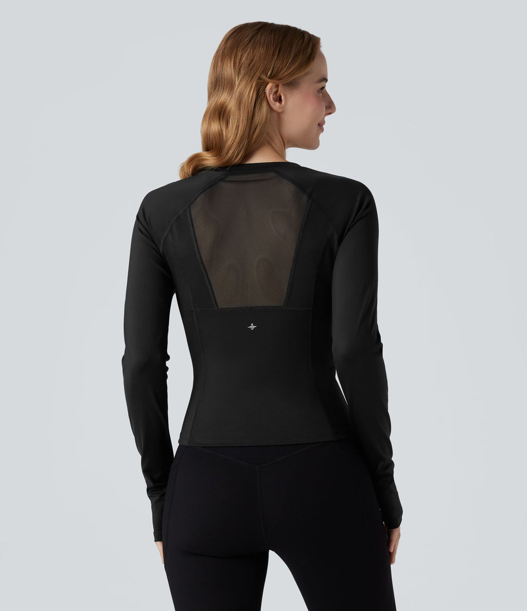 Haut de sport yoga SoftlyZero™ Airy col rond mesh contrastant effet frais InstantCool manches longues avec passe-pouces, protection solaire UPF50+