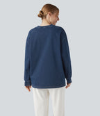 Halara Flex™ T-shirt casual délavé en denim à col rond et manches longues