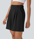 Bermuda Large Fluide Taille Haute avec Plis et Poches Latérales en Lin Synthétique