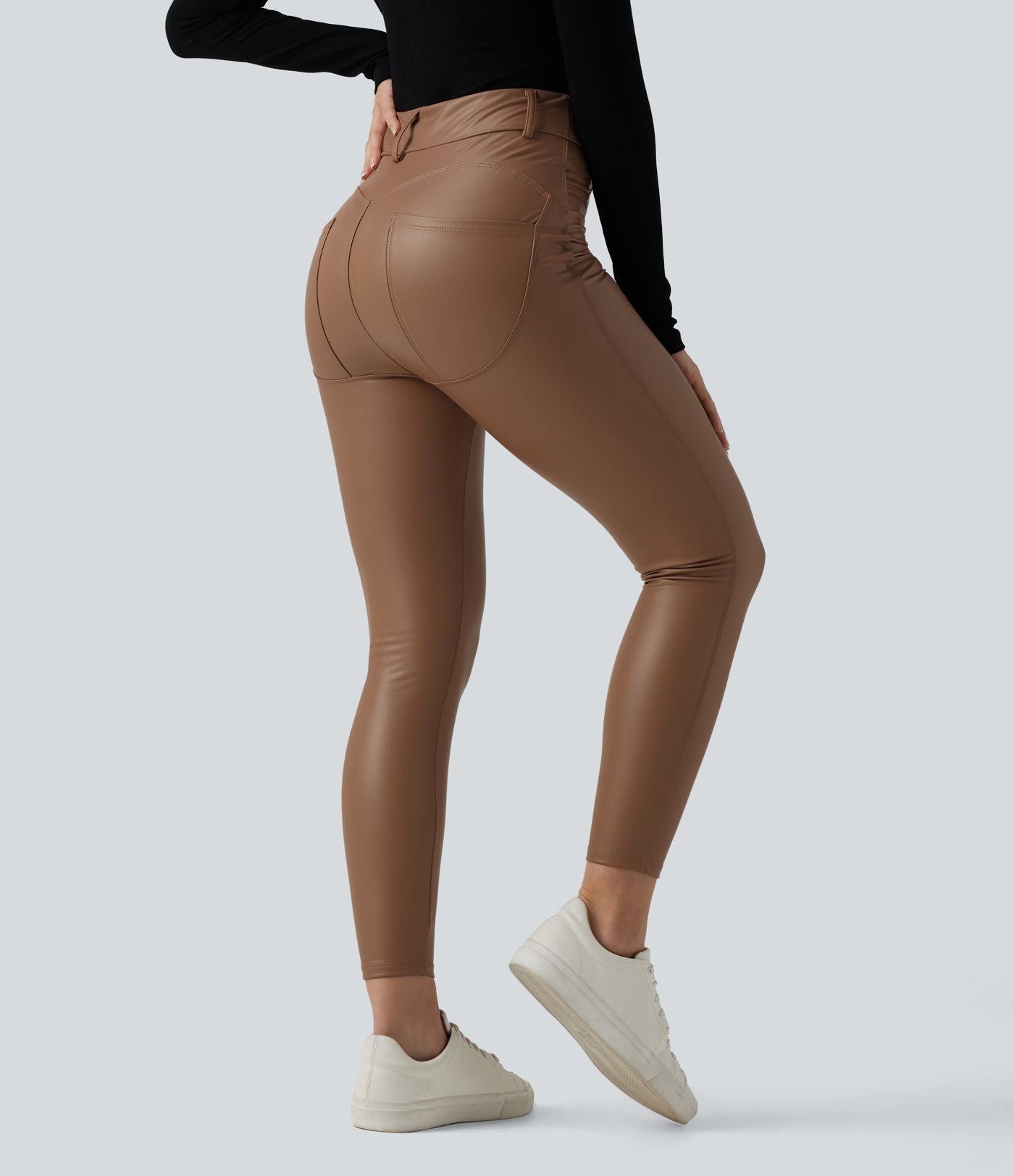 Pantalon polaire simili cuir extensible taille haute avec poches