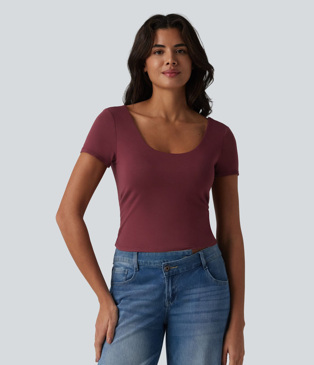 T-shirt casual col U manches courtes avec soutien-gorge intégré, dentelle contrastante et dos à nouer
