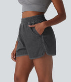 Short en jean extensible délavé Halara Flex™ taille haute avec ourlet arrondi fendu effet frais InstantCool et poches
